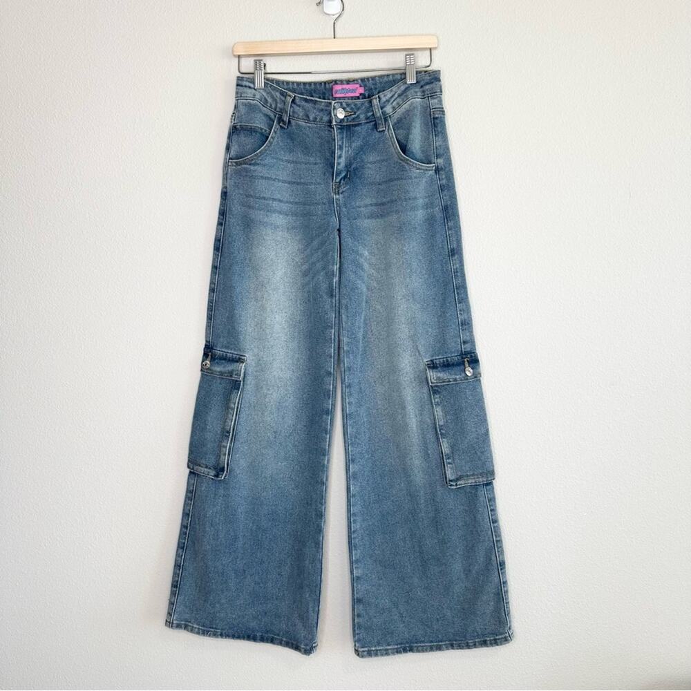 Edikted Blue Flare Wide Leg Jeans Cargo Pants Size Small